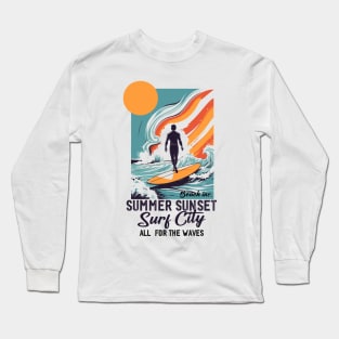 Surf poster vintage with text "All for the waves, summer sunset" Long Sleeve T-Shirt